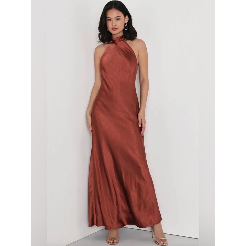 Lulus NWT Women Large Rusty Brown Halter Satin Maxi Dress Elegant Old Money